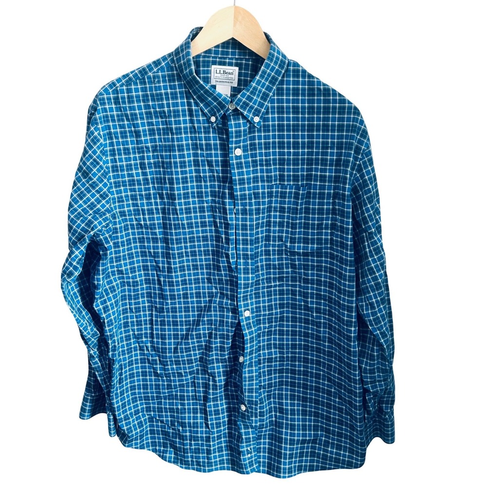 L.L. Bean Men's Blue Green Plaid Traditional Fit Long Sleeve Cotton Shirt Size L